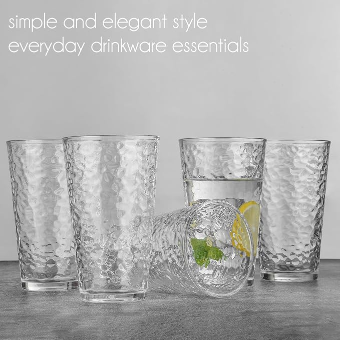 ALINK 16 oz Drinking Glasses, Set of 6 Hammered Glass Cups, Clear Heavy Base Stemmed Highball Water Glasses for Beer, Iced Coffee Cups, Cocktail Glasses, Wine, Iced Tea, Dishwasher Safe - Image 4