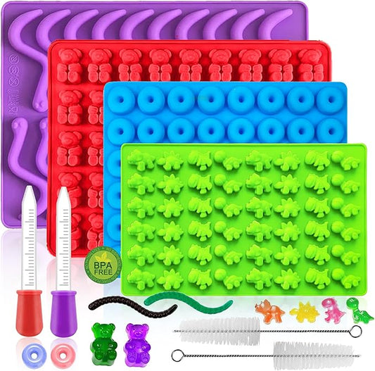 4 Pcs Silicone Gummy Candy Molds Kit with 2 Droppers | Non-Stick Large Bear/Dinosaur/Donut/gummy worm 200+ Cavities | BPA Free Chocolate Jello Molds for Kids, DIY Baking & Party Favors