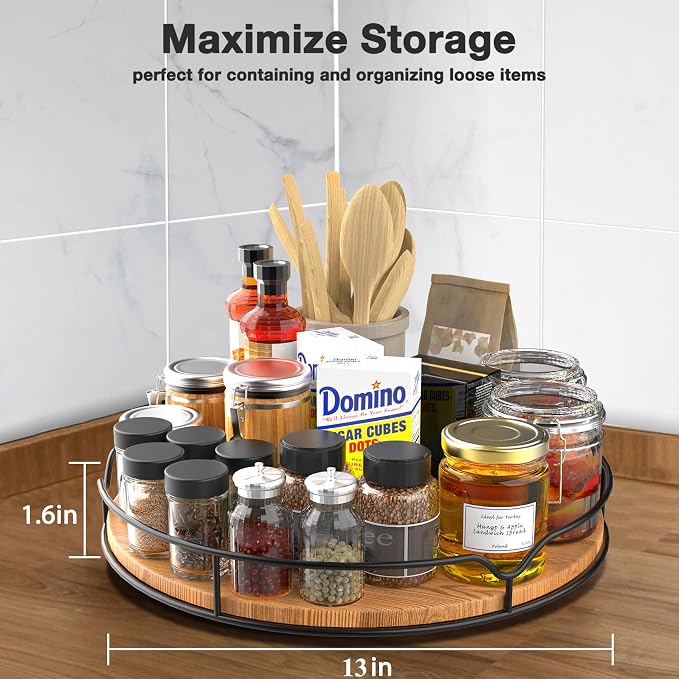 Lazy Susan Turntable Organizer with Anti-Slip Mat for Cabinet Pantry Kitchen Countertop Refrigerator Office, Pine Wood, 13", Carbonized Black - Image 2