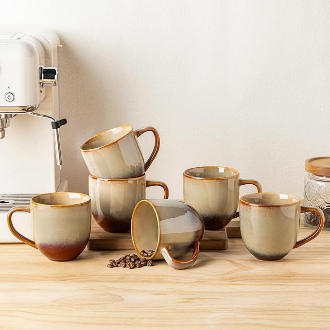 theterra Ceramic Coffee Mugs Set of 6, 12 oz Coffee Cups with Handle | Handmade, Suitable for Latte, Tea, Milk, Beer & Hot Cocoa, Creamy Amber by TheTerra