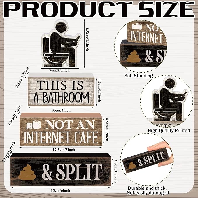 Moucuny 4 Pcs Funny Toilet Decor Sign Farmhouse Bathroom Shelf Decor and Accessories Vintage Sarcastic This Is a Bathroom Not an Internet Cafe Block Signs Gift for Home Guest Washroom Toilet - Image 3