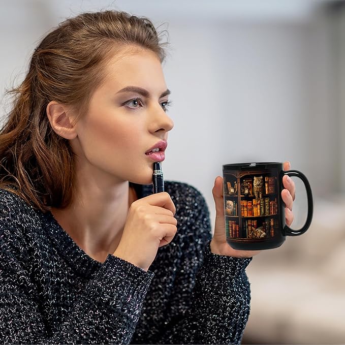 2IMT Cat Book Mug Book Lovers Gifts for Readers - Book Lover Bookish Gifts for Bookworm Women - Library Bookshelf Mug - Best Gift for Cat Lover - Reading Writer Women Black Coffee Cup 15oz - Image 6