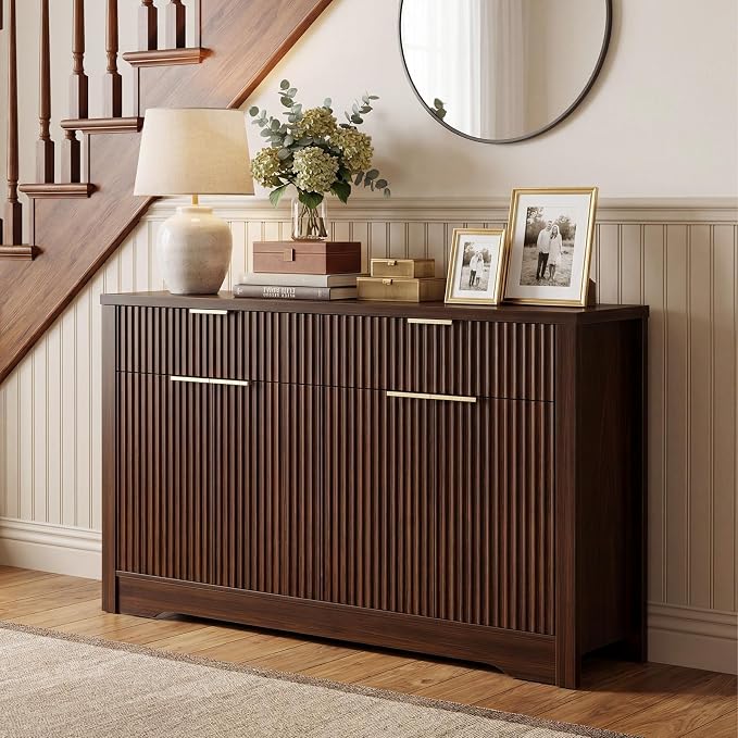 Cyclysio 55" Fluted Buffet Cabinet with Storage, Modern Sideboard Credenza with Adjustable Shelves & Drawers, Coffee Bar Table for Dining Room, Entryway, Kitchen, Black Walnut - Image 2
