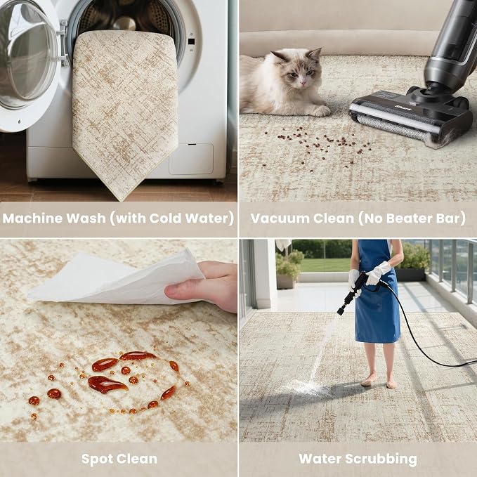 10x12 Area Rug for Living Room Bedroom: Non-Slip Modern Beige White | Machine Washable TPR Backing, Stain-Resistant Low Pile, Pet & Kid Friendly, Abstract Decor for Dining Room, Dorm, Home Office - Image 5