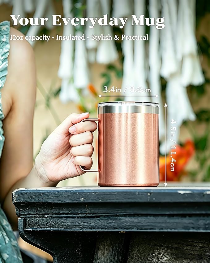 12oz Insulated Coffee Mug with Lid – Includes Two Lids, Stainless Steel Coffee Travel Mug with Handle, Double Wall Vacuum Insulated Camping Mug for Home, Office & Outdoor, Rose Gold - Image 2