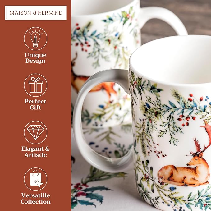 Maison d' Hermine Coffee Mug with Handles Tea Cups (15 Ounce, Pack of 2) | Fine Bone China Coffee Mugs for Hot Beverages Cappuccino Latte Home Restaurant Hotel Spring Summer -Holly Time - Image 2