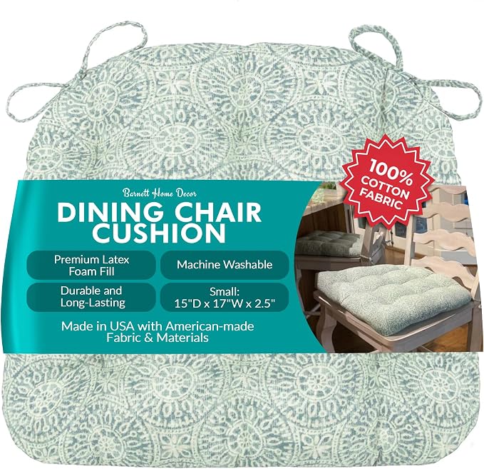 Barnett Home Decor Tibet Spa Dining Chair Pad with Ties - 15 x 17 Size Small Chair Cushion - Latex Foam Fill - Machine Washable, Reversible, 100% Cotton, Made in USA (Mandalas - Blue-Green) by BarnettHomeDecor