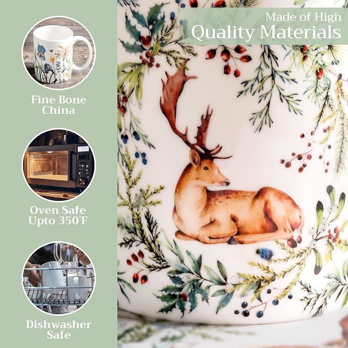 Maison d' Hermine Coffee Mug with Handles Tea Cups (12 Ounce, Pack of 1) | Fine Bone China Coffee Mugs for Hot Beverages Cappuccino Latte Home Restaurant Hotel Spring Summer -Holly Time - Cerf - Image 3