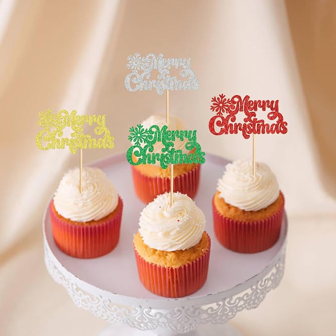 24 Pack Christmas Cupcake Toppers - Merry Christmas & Xmas Holiday Cupcake Picks - Boy Girl Baby Shower & Birthday Party Cake Decorations - Image 2