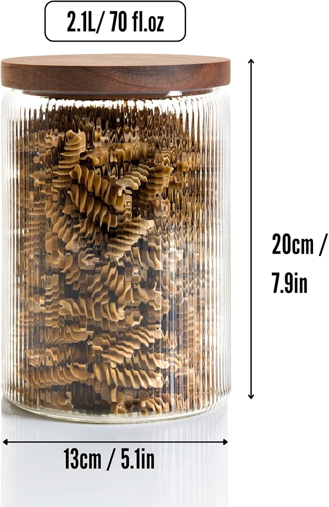 Mason & Fable Ribbed Glass Jar with Wooden Lid 70fl.oz- Set of 2 | Airtight Fluted Storage Container for Cookies, Pasta, Coffee, Dog Treats, Snacks | Organization Canisters for Home & Kitchen - Image 3