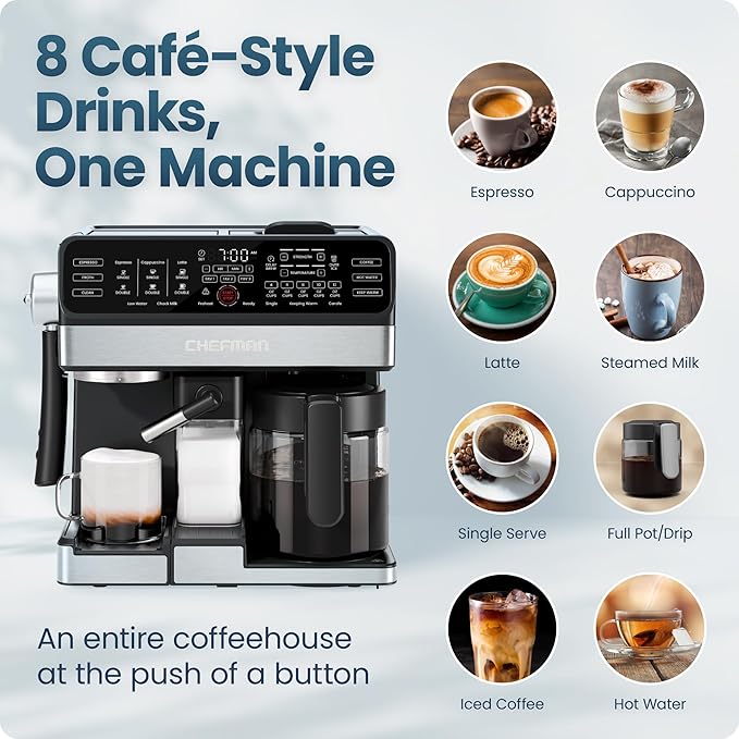 Chefman Coffee Maker Espresso Machine Combo, 8-in-1 Coffee Station with Automatic Milk Frother for Lattes, Cappuccinos, Macchiatos, 20-Bar Pump, 12-Cup Carafe & 3L Water Tank - Black - Image 3