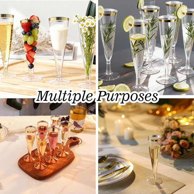 Bestluck 100 Pack 4.5 oz Champagne Flutes Plastic with Gold Rim | Disposable Champagne Flutes, Clear Plastic Disposable Stemware for Party, Mimosa Bar, Wedding, Anniversary and Graduation - Image 6