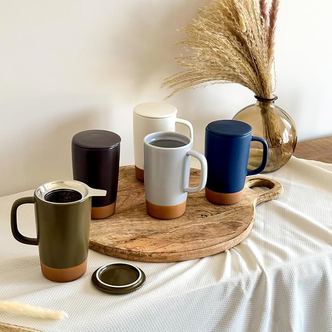 Mora Ceramics Large Tea Mug with Loose Leaf Infuser and Ceramic Lid, 18 oz, Portable, Microwave and Dishwasher Safe, Tall Coffee Cup - Rustic Matte Ceramic Glaze, Modern Herbal Tea Strainer, Olive - Image 7