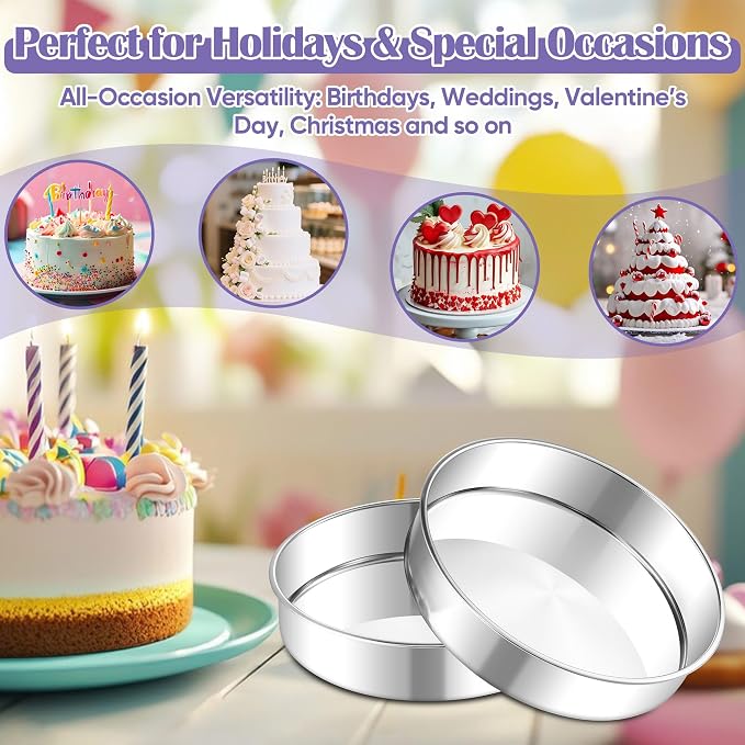 E-far 9 Inch Round Cake Pan, 2-Piece Stainless Steel Round Baking Mold Tins - Non-Toxic & Leak-Proof for Birthday Wedding Layer Tiered Cake, Easy Clean & Dishwasher Safe - Image 6