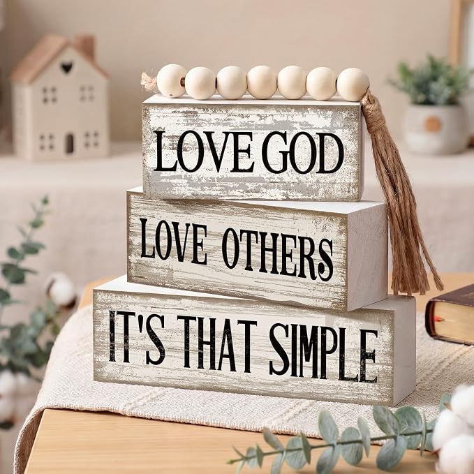 Moucuny 4 Pcs Christian Table Decor Rustic Wooden Block Sign Set with Love God Love Others It's That Simple Farmhouse Stacked Decor with Beaded Garland Tassel Christian Home Decorations for Home Shelf - Image 4