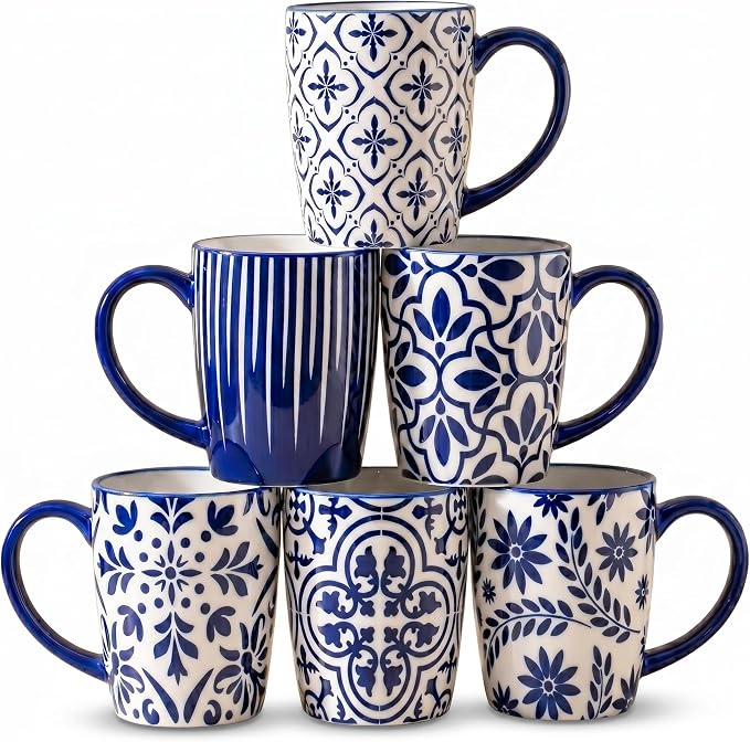 glowworm Ceramic Coffee Mugs, 16 Ounce Coffee Cups with Handle, Blue&White | Prefect for Cappuccino, Milk , Hot Cocoa, Tea, Vintage Coffee Mug for Kitchen, Dishwasher & Microwave Safe, Set of 6 by GLOWWORM
