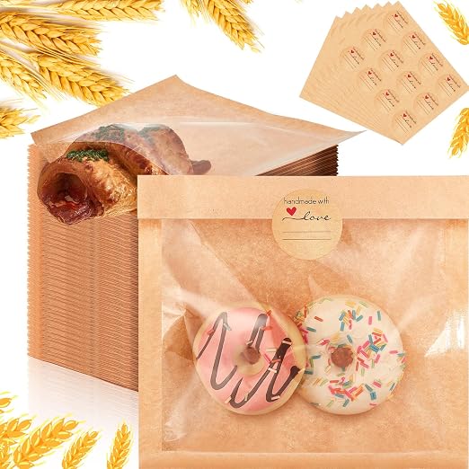 Outus 30 Pcs Cookie Packaging Bags with Seal, 7.1 x 7.5 Inch Bakery Pastry Bags with Window, Heat Sealable Grease Resistant Paper to Go Bake Sleeves for Gift Giving Donut Bread Sandwich (Brown) by Outus