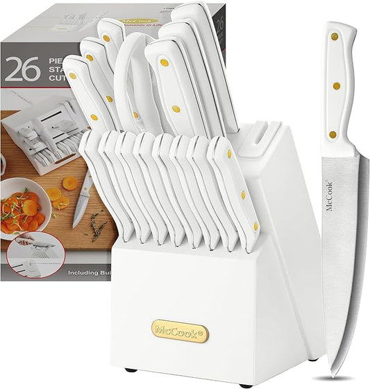 McCook Knife Set White Kitchen Knife Block Set w Built-in Sharpener | German Forged Stainless Steel,26 PC,Razor Sharp,Anti-Rust,Restaurant Grade,Ergonomic Handles,Full Tang,Gift Box by McCook