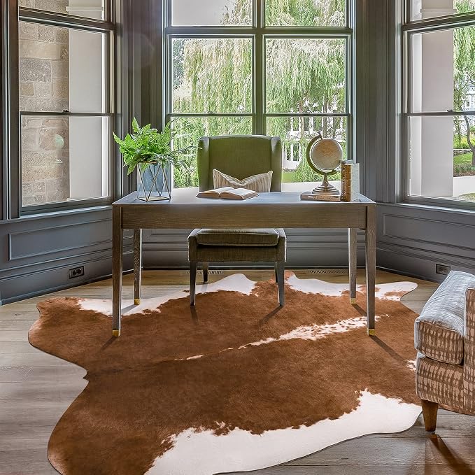 Faux Cow Hide Rug 7x6.2, Vintage Western Home Decor Cow Print Rug | Large Faux Leather Animal Cowhide Carpet for Living Room Bedroom, Dining Traditional Cow Print Stuff Carpets, Khaki by AmeareaDirect