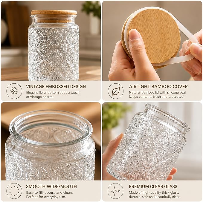 Glass Storage Jars With Airtight Lid, 35oz Canister For Kitchen Counter with Bamboo Lid, brown sugar, candy, coffee, cookie, salt, tea,pantry cute Jar (35oz Large Begonia Flowers) - Image 7