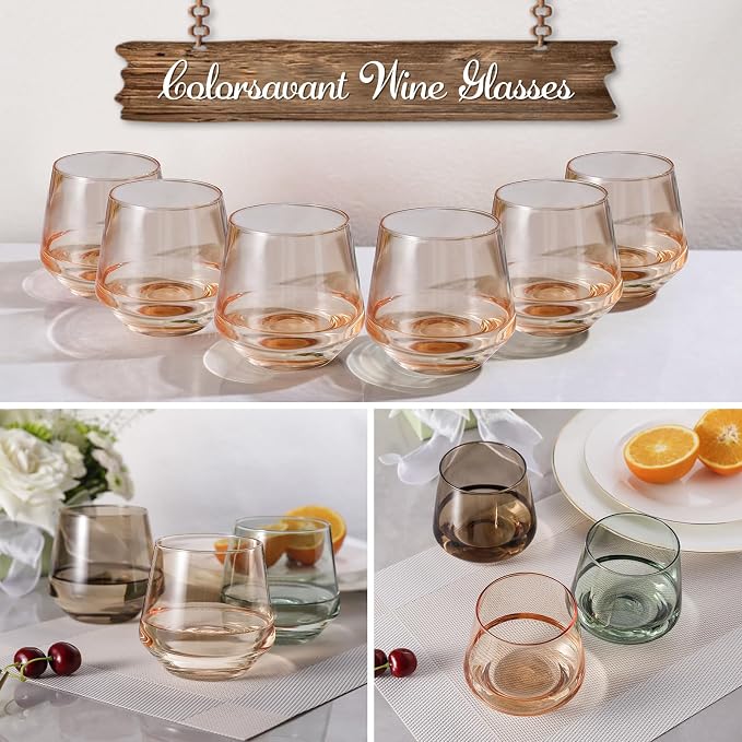 Stemless Wine Glasses Set 6 - Peach Color Stemless Wine Glasses - 14oz Tumbler - Peach Glassware for Wine or Soft Drinks - Unique Valentine's Day Gifts - Image 5