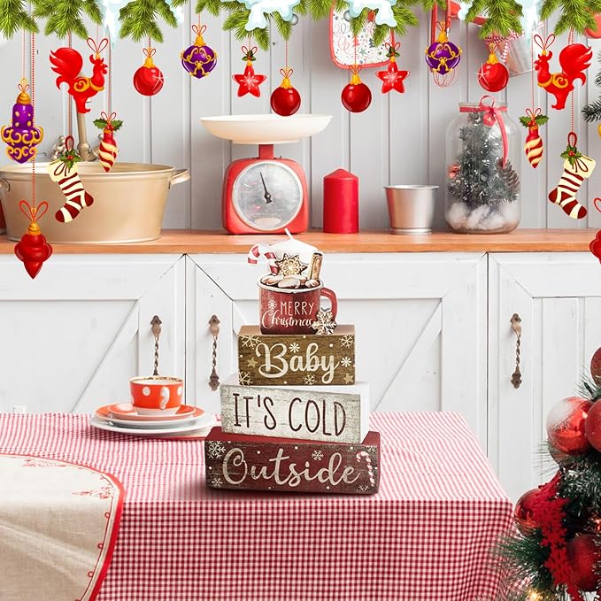 Moucuny 4 Pcs Christmas Table Decor Wooden Hot Cocoa Decoration Christmas Centerpiece Winter Tiered Tray Decor Decorative Red Hot Cocoa Block Signs Gift Farmhouse Xmas Decoration for Home Kitchen - Image 6