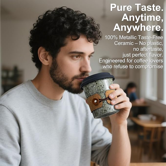 Ceramic Travel Coffee Mug with Lid, Large To Go Coffee Tumbler | Spill Proof Coffee Cup, Microwave and Dishwasher Safe, Large Porcelain Tea Mug with Lid, Coffee Gifts for Men & Women, 13.5oz - Image 3