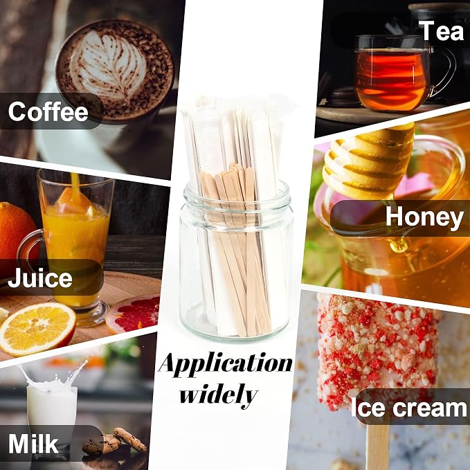 ANTETOK Wooden Coffee Stirrers - Coffee Stir Sticks 5.5 Inch,100pcs Individually Wrapped Disposable Swizzle Sticks,Swizzle Drink Sticks for Coffee,Tea,Cocktail and Hot Chocolate - Image 6