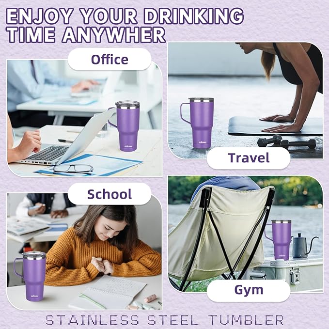 20 oz Insulated Coffee Mug with Ceramic Coating, Stainless Steel Travel Mug Tumbler with Handle Lid and Straw, Double Wall Leak-Proof Coffee Travel Mug Keeps Drink Hot and Cold (Purple) - Image 7