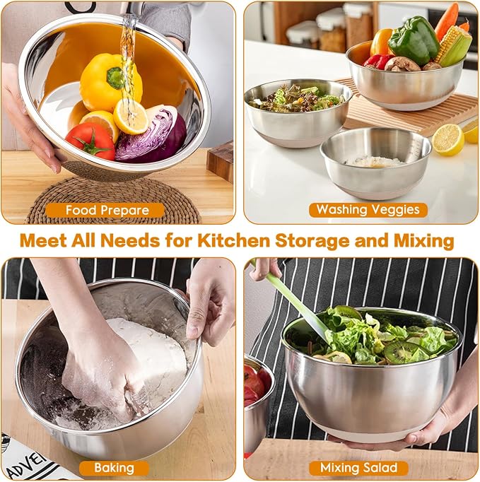 Mixing Bowls with Airtight Lids, 18pcs Stainless Steel Mixing Bowls Set | Nesting Non-slip Silicone Bowls Bottom, Size 4.5, 3.6, 2.7, 2.1, 1.7, 1.1, 0.7 qt, Fit for Mixing & Serving(Khaki) - Image 7