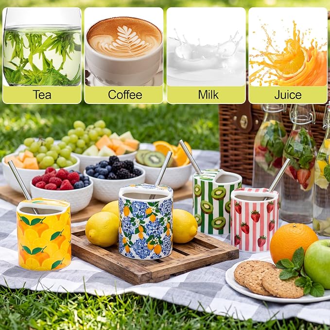 4 Pack Fruit Ceramic Coffee Mug with Sip Hole 10 Oz Espresso Cup with Straws Retro Hand Painted Fruit Porcelain Coffee Tea Cup Cappuccino Latte Mug for Kitchen Dining Travel - Image 4