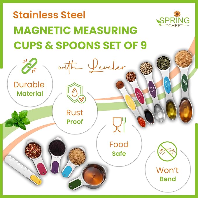 Spring Chef Magnetic Measuring Cups & Spoons Set of 9, Patented, Multicolor | Nesting Stainless Steel Measuring Cups & Heavy Duty Metal Measuring Spoons with Levelers for Dry & Liquid Ingredients - Image 2