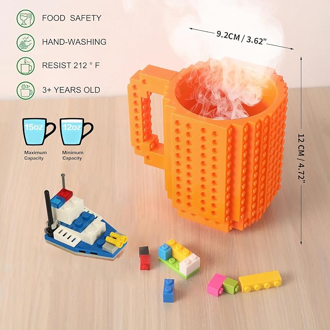Lumsburry Build-on Brick Coffee Mug, Funny DIY Unique Novelty Drinking Cup | Building Blocks Creative Mug, for Men Women Kids Dad Mom, Present Exchange Ideas, Xmas Birthday White Elephant(Orange) - Image 2