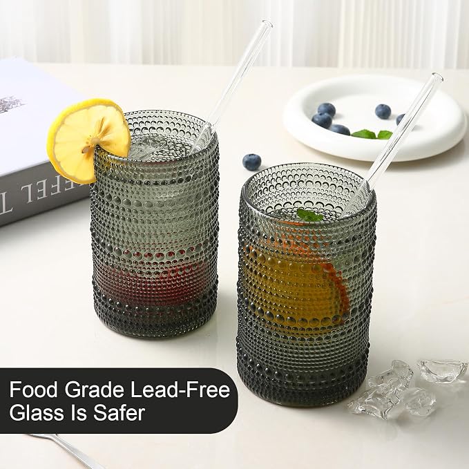 ZMOWIPDL Drinking Glasses Set of 6,15 oz Grey Hobnail Glass Cups | Vintage Glassware，Embossed Water Tumbler,for Beer,Cocktail,Whiskey,Juice and Various Mixed Drinks- 1 Cleaning Brush - Image 4