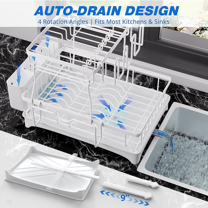 Godboat 2-Tier Dish Drying Rack - Dish Rack with Auto Drain-to-Sink & Mat | Dish Racks for Kitchen Counter, Dish Drainer with Knife Fork & Cup Rack, Gifts for Women, Mothers Day, Kitchen Gadgets, White - Image 3