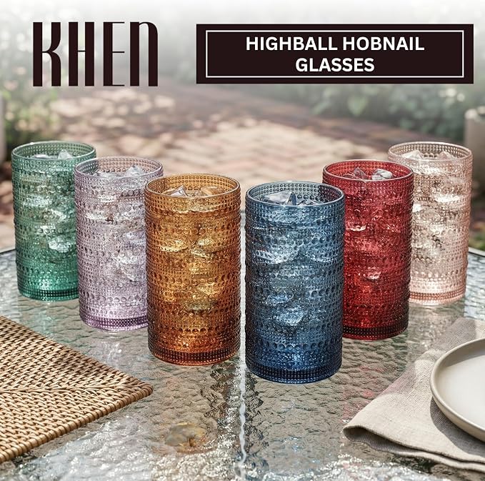 Khen Plastic Hobnail Drinking Highball Glasses Set of 6 Neutral Tones Cups 14oz, Shatterproof & Unbreakable Acrylic Beaded Design, BPA-Free, Dishwasher Safe Indoor/Outdoor Drinkware Water, Cocktails - Image 3