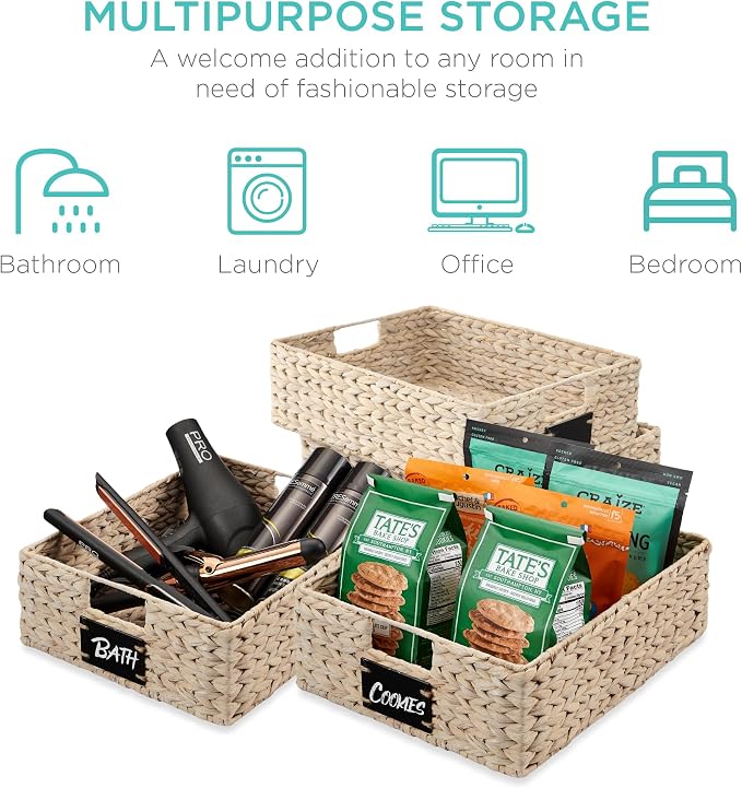 Best Choice Products Set of 4 16x12in Large Water Hyacinth Pantry Baskets, Woven Organizers w/Chalkboard Label, Chalk Marker - White - Image 6