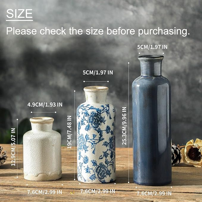 ooit Ceramic Vintage Vases Set of 3, Blue and White Flower Decorative Vase Chinoiserie Decor Rustic Farmhouse Retro Floral Vases for Table Bookshelf Mantel Kitchen Living Room Office - Image 2