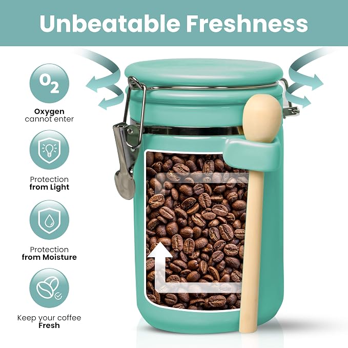 Home Intuition 4-Piece Ceramic Kitchen Canisters Set, Airtight Containers with Wooden Spoons Reusable Chalk Labels and Marker for Sugar, Coffee, Flour, Tea (Turquoise) - Image 4