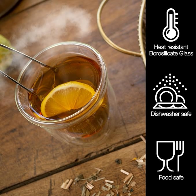 Moritz & Moritz Double Walled Coffee Glasses Set of 6-250ml Insulated Cups for Cappuccino, Tea, Hot & Cold Drinks - Dishwasher Safe, Heat Resistant, Clear Glass Mugs