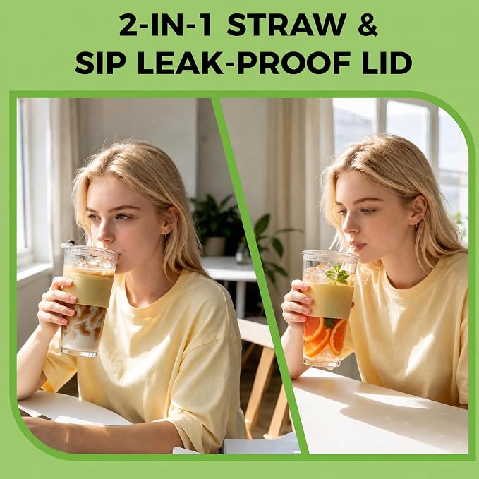 Birity 16oz Glass Cups with Lids and Straws,Glass tumbler With Straw and Lid-Reusable Iced Coffee Cups for Tea, Juice, Smoothies, Mason Jar Drinking Cup for Hot/Cold Drinks at Home,Office,Travel - Image 5