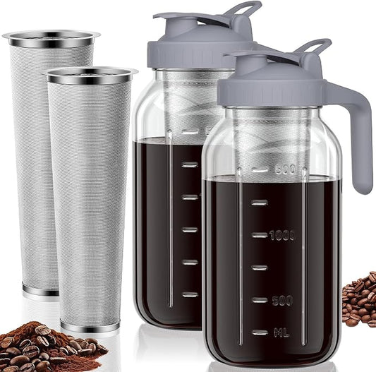 Cold Brew Coffee Maker, 64 oz Glass Mason Pitcher | 100μm stainless steel filter, wide mouth design, leak-proof lid with handle, pour spout for iced coffee, tea and cold drinks by Junvpic
