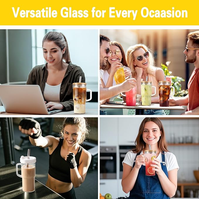 4Pack 24oz Glass Tumbler Cup with Bamboo Handle Lids and Straws, Mason Jars with Wide Mouth Iced Coffee Cup Reusable Drinking Glasses Travel Mug for Smoothie Beer Juice Tea