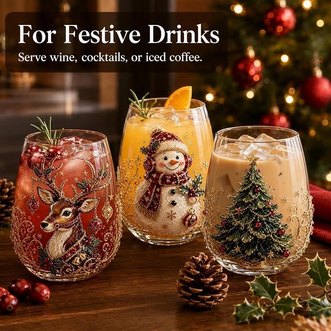 Christmas 3D Raised Glass Cup, Stemless Santa Wine Glass, Luxury Holiday Glassware for Coffee Tea Juice Milk Drinks - Image 6