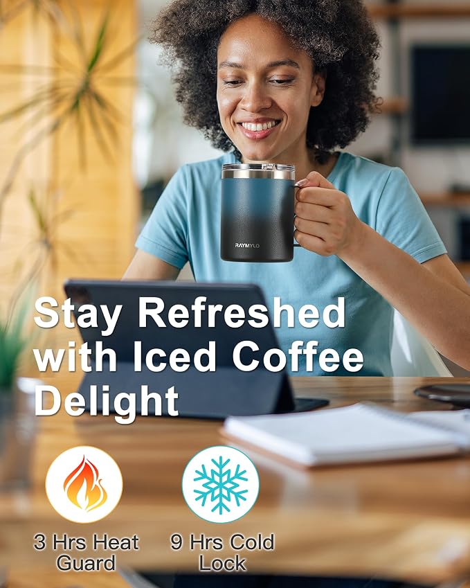 RAYMYLO Insulated Coffee Mug 12 oz, Spill-Proof & Detachable Slider Lid | Double Wall Stainless Steel with Thorough Clean Lid & Handle, Cold for 9 Hrs, Suitable for Camp Home Office - Image 4