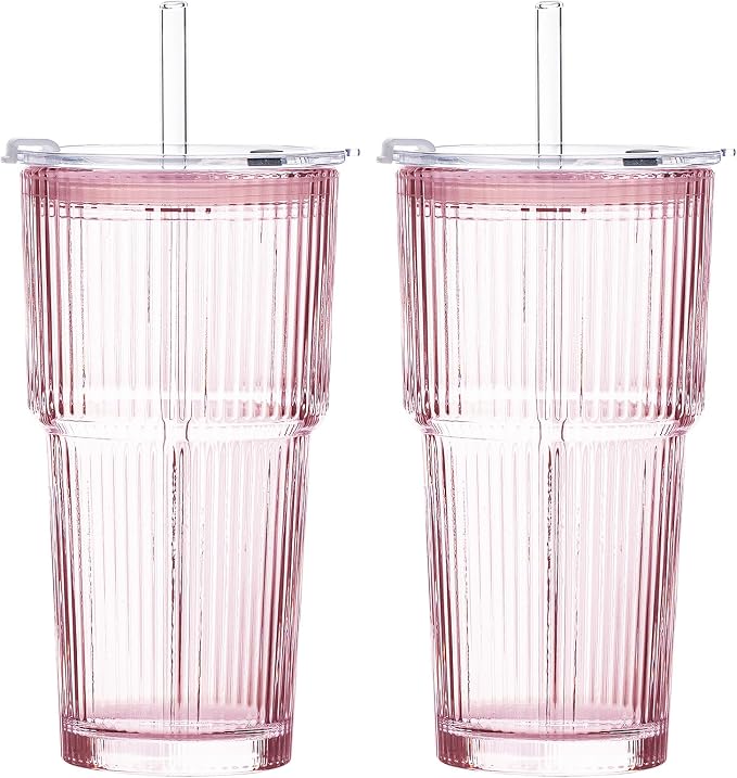 20oz Iced Coffee Cups with Lids, Ribbed Glass Cups with Lids and Straws | Thick Reusable Glass, Leak-Resistant Lids, Fits Most Car Cup Holders, For Iced Coffee, Tea, Smoothies and Cold Drinks by GOSCHE