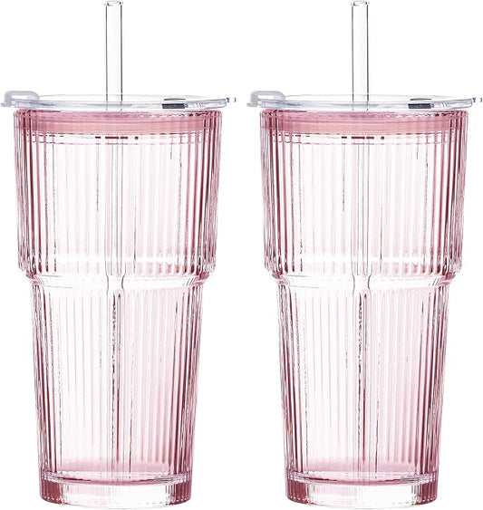 20oz Iced Coffee Cups with Lids, Ribbed Glass Cups with Lids and Straws | Thick Reusable Glass, Leak-Resistant Lids, Fits Most Car Cup Holders, For Iced Coffee, Tea, Smoothies and Cold Drinks by GOSCHE