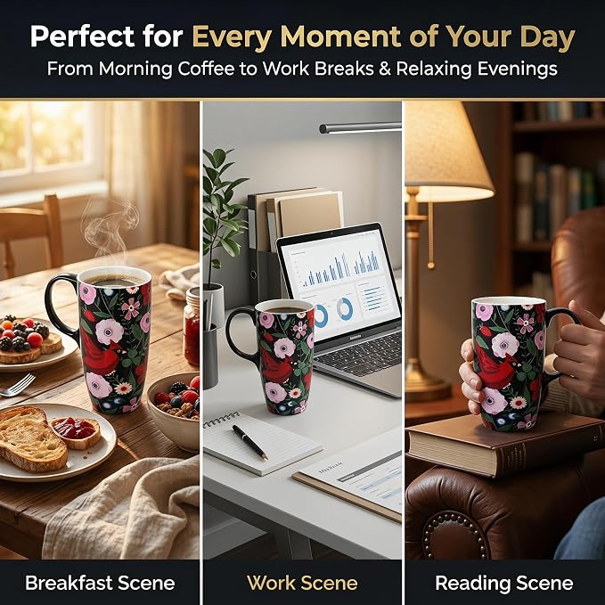 Topadorn 17oz Ceramic Travel Mug, Botanical Floral Bird Coffee Mug with Lid | Ceramic Coffee Mug with Handle, Microwave & Dishwasher Safe, Gift Box Included for Coffee, Tea and Latte - Image 6