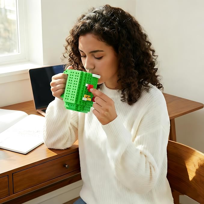 Lumsburry Build-on Brick Coffee Mug, Funny DIY Unique Novelty Drinking Cup | Building Blocks Creative Mug, for Men Women Kids Dad Mom, Present Exchange Ideas, Xmas Birthday White Elephant(Green) - Image 6