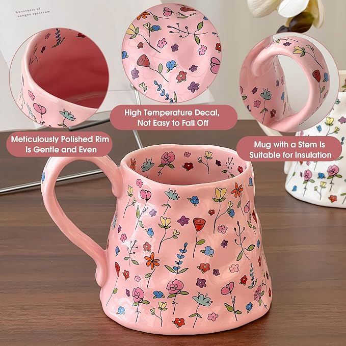 Large Ceramic Coffee Mug Cute Flower with Handmade Big Handle, 20oz Girly Pink Floral Tea Cup for Women Mothers Day, Novelty Irregular Oversized Christmas Mugs for Latte Tea Milk Cocoa - Image 3